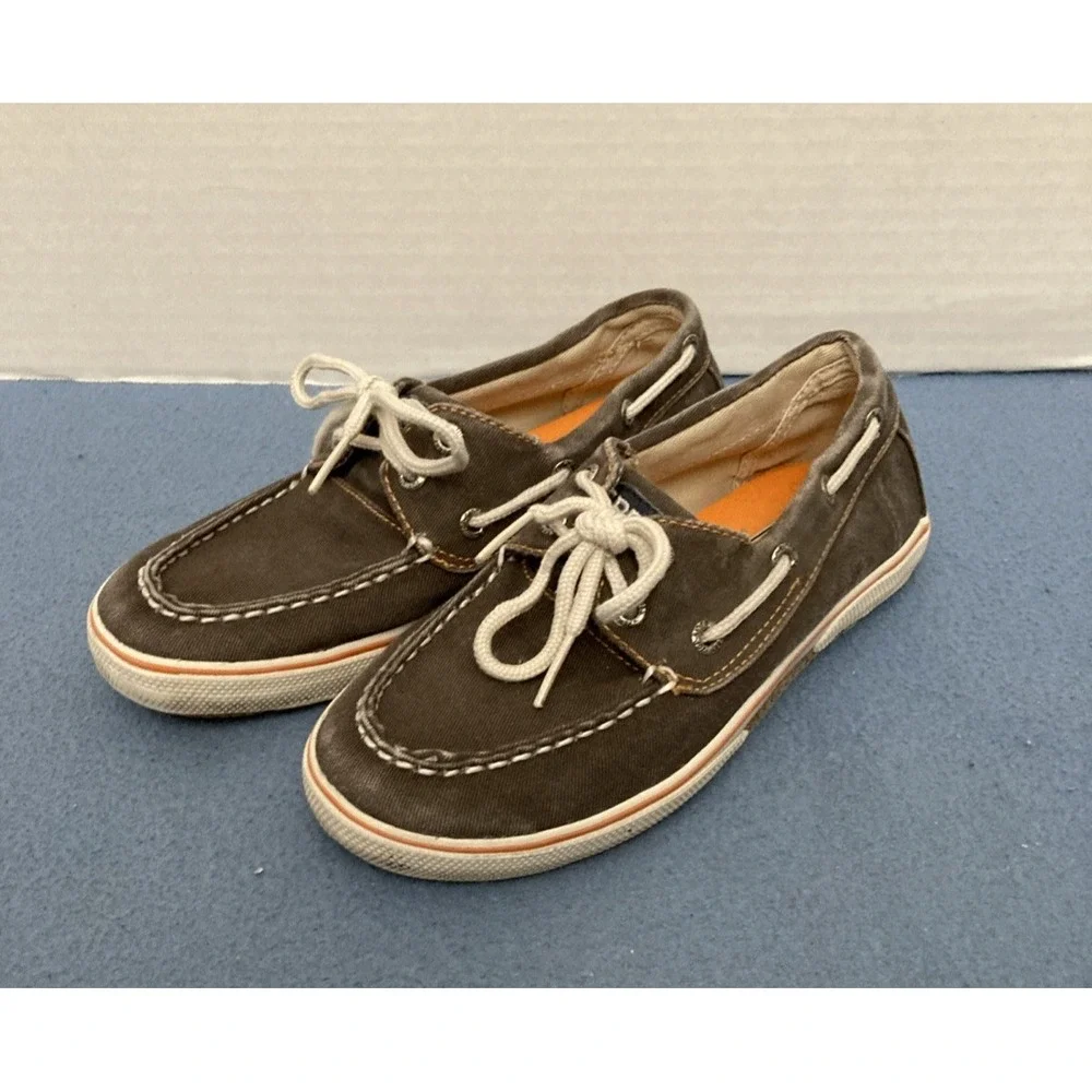 Sperry Top-Sider‎ Boys Halyard Brown Canvas 2 Eye Boat Shoes - SZ 1M